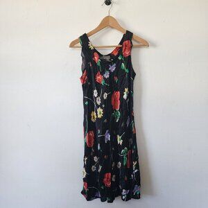 90s Y2K Vintage New York Style Floral Black Dress Medium Rayon